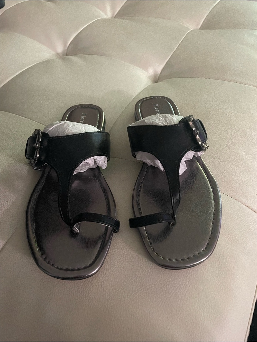 Pierre Dumas Black T-Strap Toe-Ring Buckle Sandals for Women